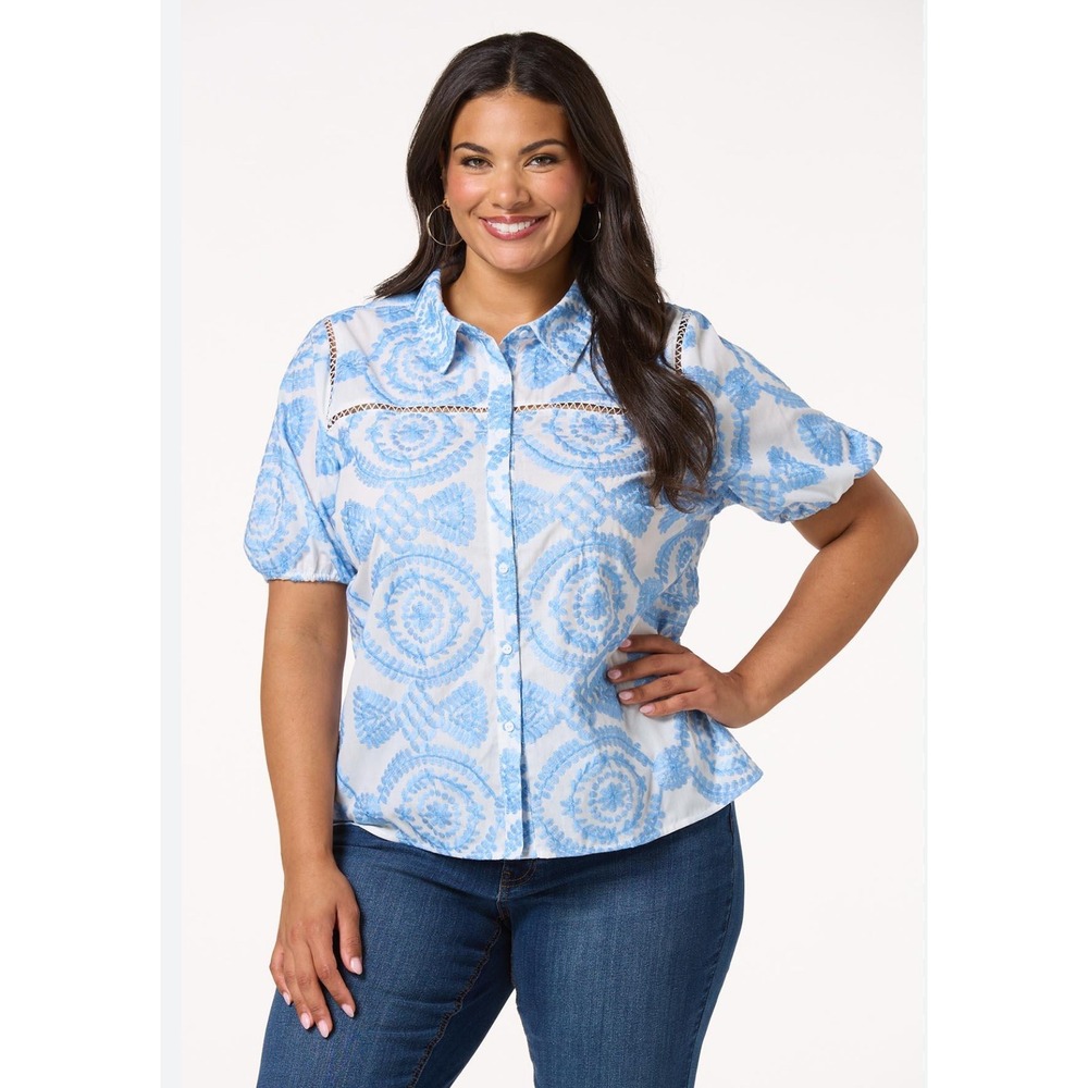 Cato Limited Edition Blue Embroidered Button Down Short Sleeve Top 14/16w